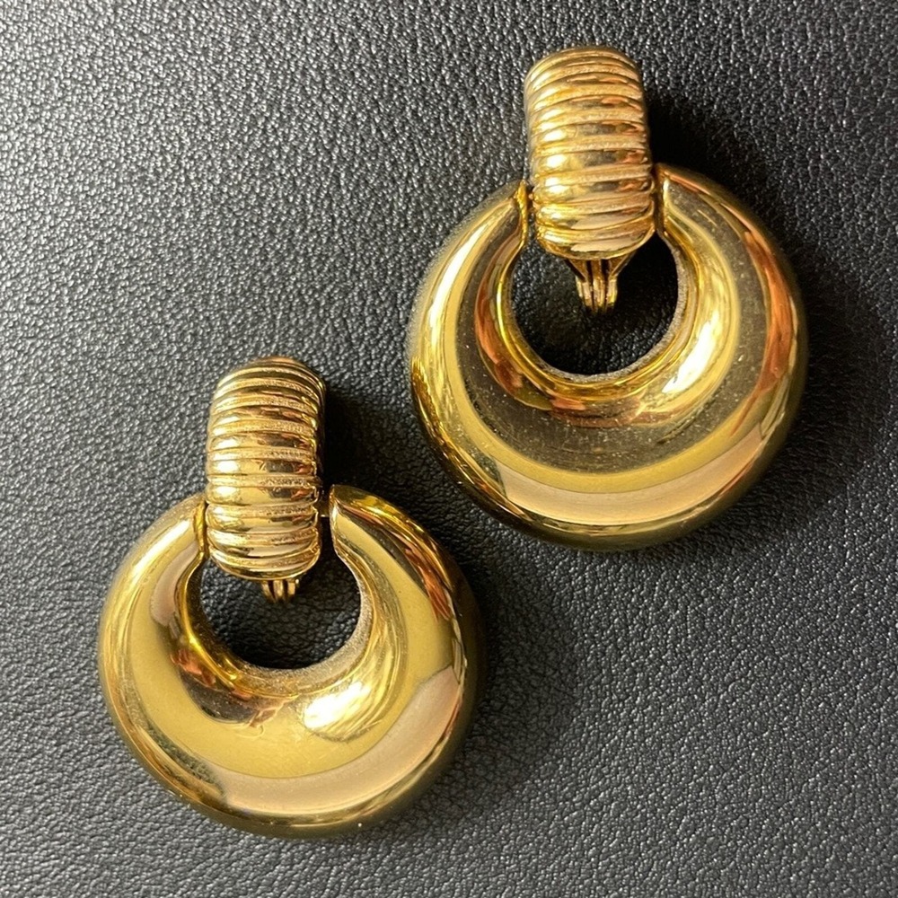 Vintage Monet Door Knocker Earrings Clip Ons Chunky Gold Tone Signed